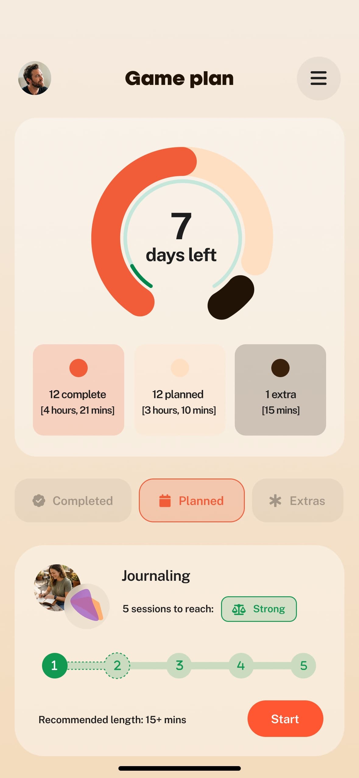 The Bearmore app’s Game plan screen, showing days left in the cycle, sessions completed and planned, and the next journaling session