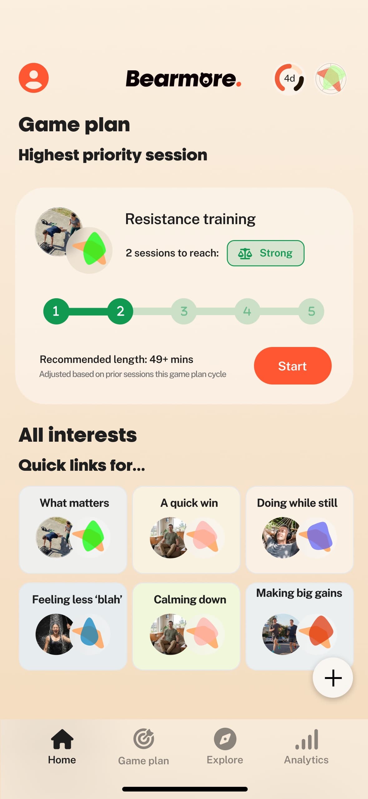 The Bearmore app’s home screen, showing the highest-priority session and quick links for each interest