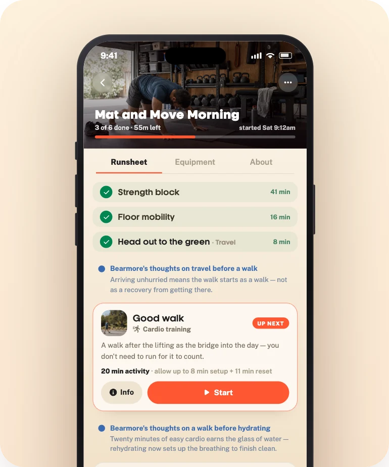 The Bearmore app part-way through a Burst, showing the runsheet with completed activities and the next one ready to start